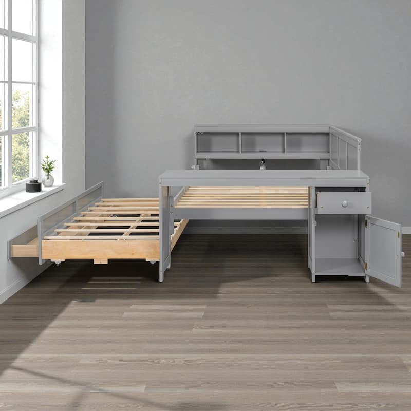 Full Size Daybed with Storage Shelves, Drawers, Trundle, Desk, Cabinet, LED Light and Charging Station, Pine Wood Frame