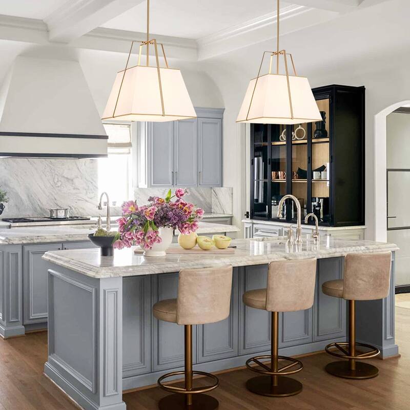 Mid-Century 4-Light Square White Fabric Cage Pendant Chandelier