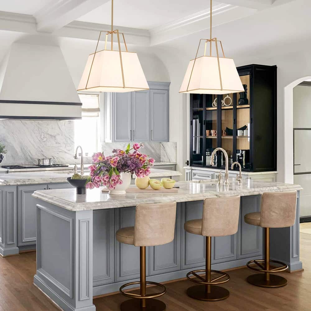 Mid-Century 4-Light Square White Fabric Cage Pendant Chandelier