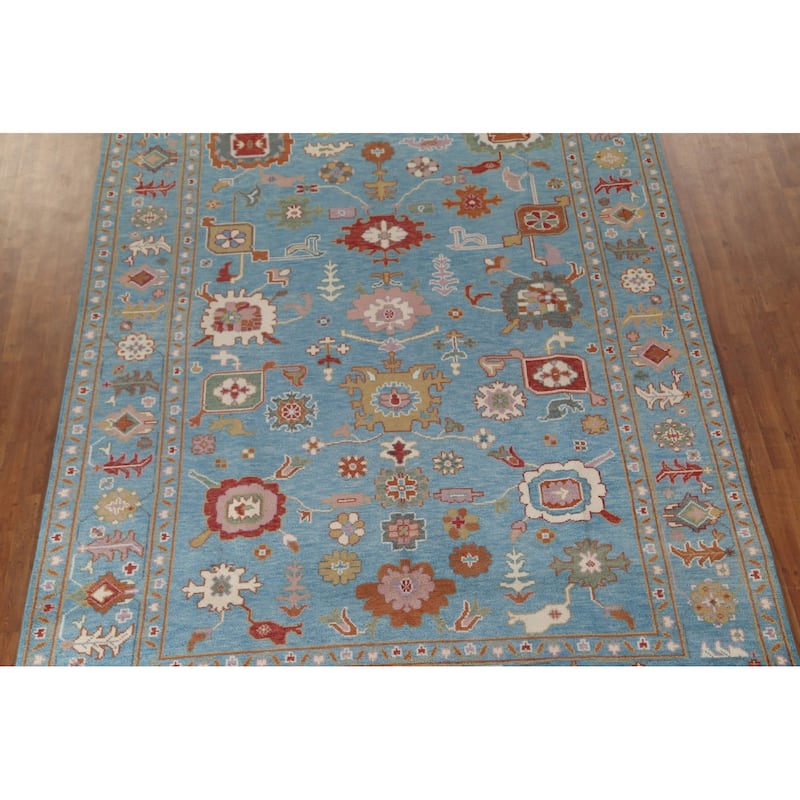 Blue Floral Oushak Area Rug Handmade Wool Carpet - 8'10"x 11'10"