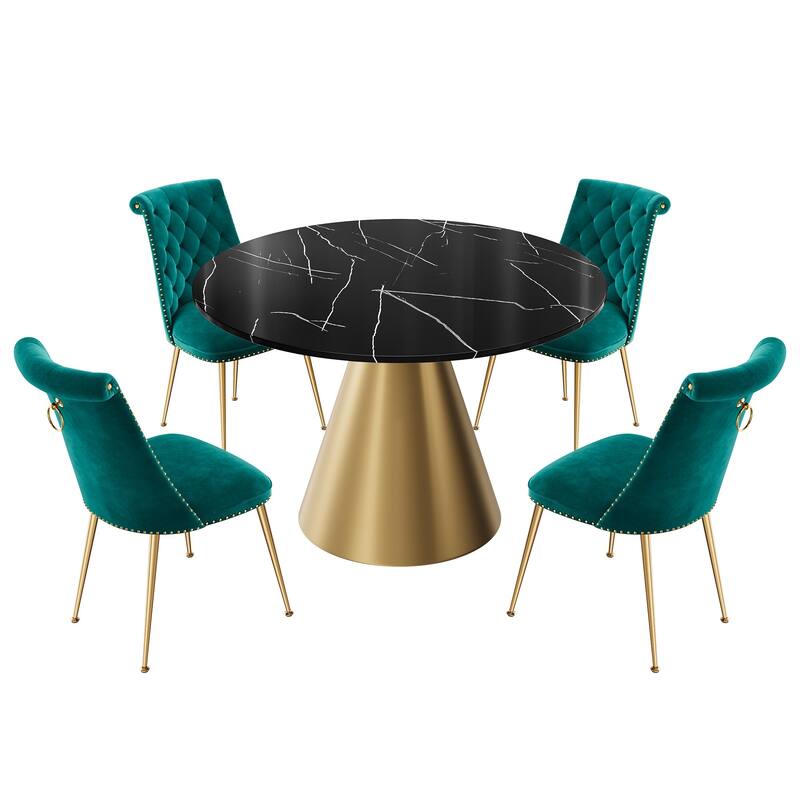 48" Marble Top Metal Dining Table with Velvet Dining Chair Set - Dark Green