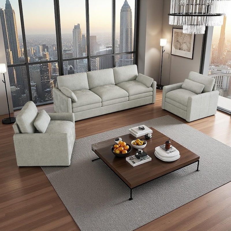 3-Piece Chenille Sofa Set with Oversized Cushions and Lumbar Pillows by Harper&Bright Designs - Light Gray