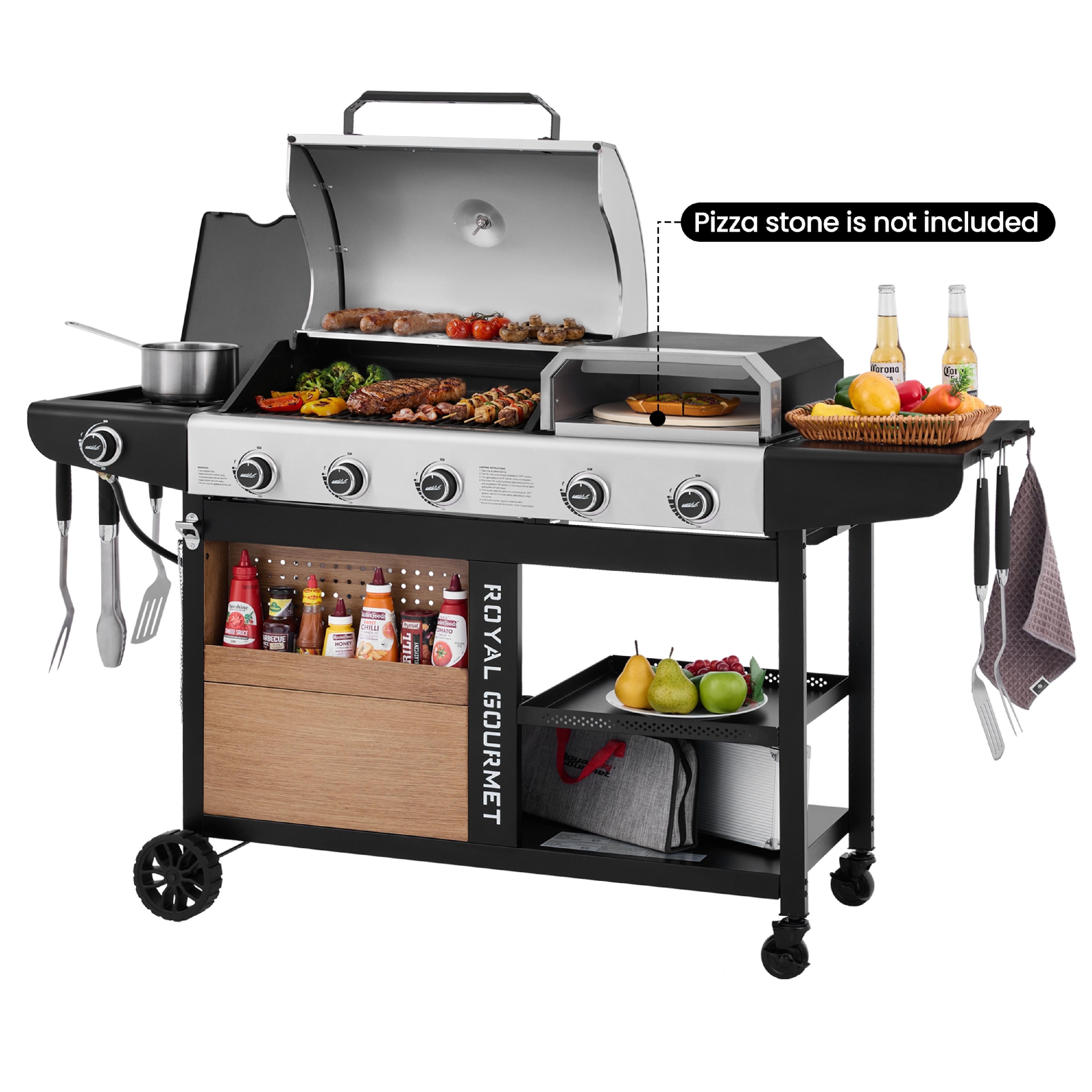 Royal Gourmet Gas Grill and Pizza Oven Combo with Side Burner, Open Shelf Storage, Sturdy Side Shelf with Hooks, Brown / Black