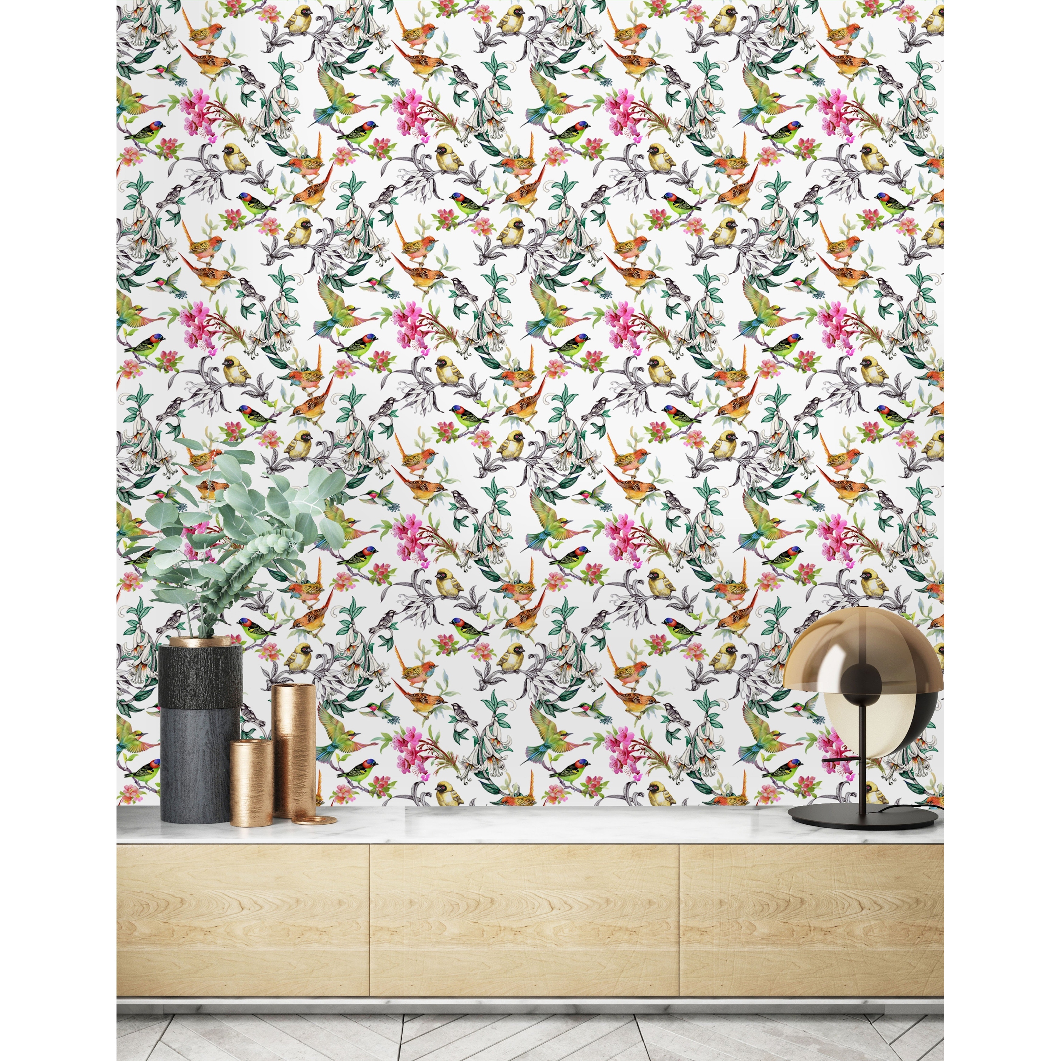 Tropical Summer Flowers And Exotic Birds Peel And Stick Wallpaper Overstock 32616886