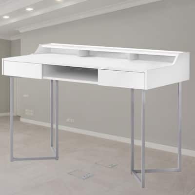 Modern 48" Computer Desk with Storage Drawers, Open Cubbies, and Metal Legs for Home Office or Laptop Workspace