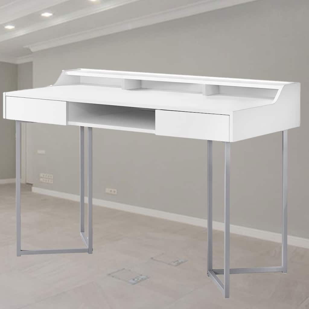 Modern 48" Computer Desk with Storage Drawers, Open Cubbies, and Metal Legs for Home Office or Laptop Workspace