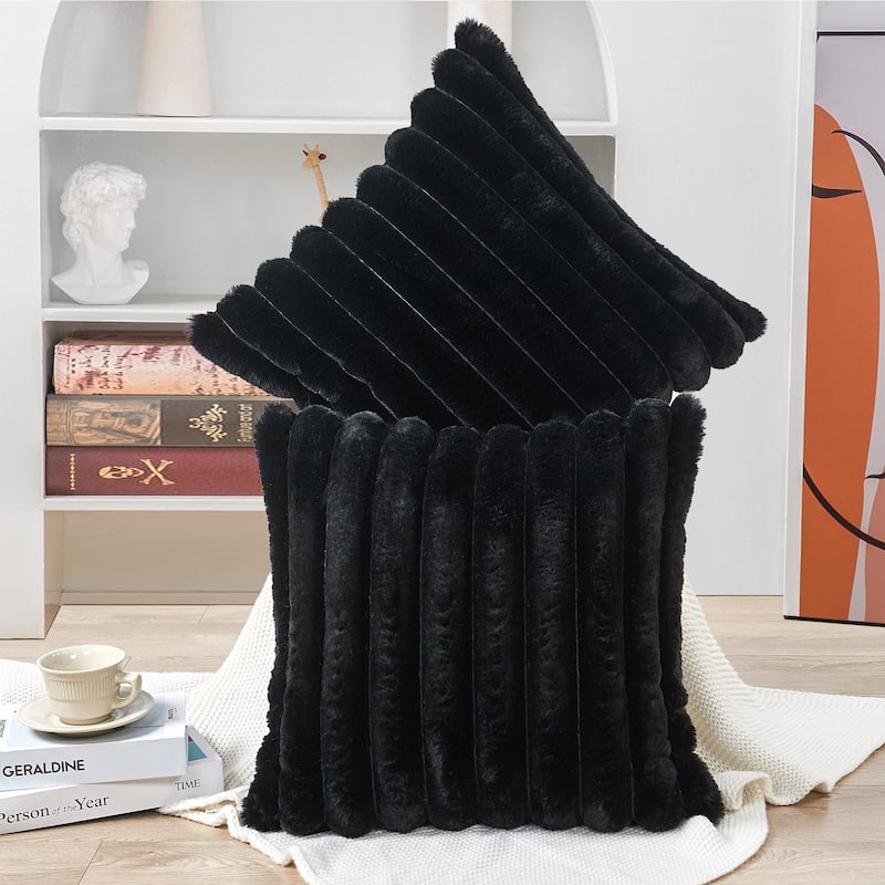 Fuzzy Striped FauxFur Pillow Shell Soft Cushion Covers for Sofa - 20" x 20" - Black