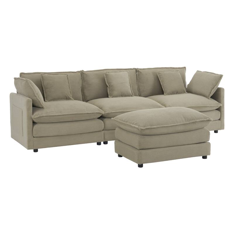 112.6" Corduroy L-Shaped Sectional Sofa with Ottoman and Storage Pockets