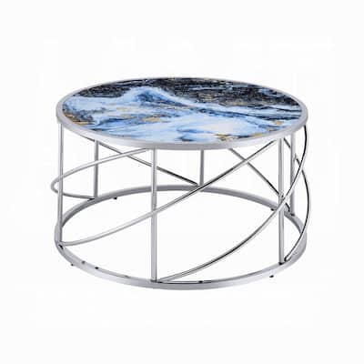 Shira Round Coffee Table, 33 Inch, Open Chrome Base, Blue Faux Marble