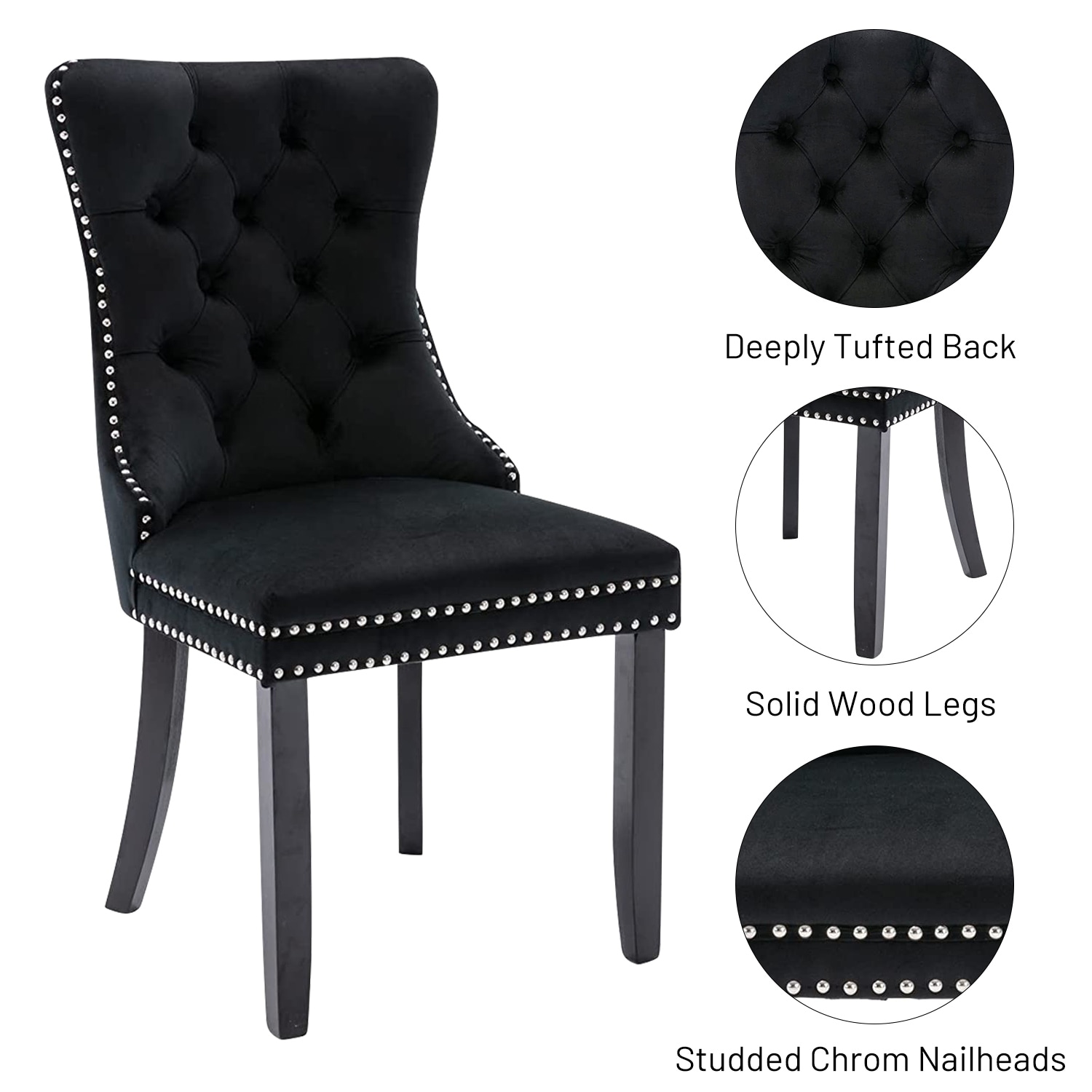 Set of 2 Velvet Dining Chairs,Tufted Solid Wood Armless Chairs Accent Chair with Nailhead Trim and Back Ring Pull