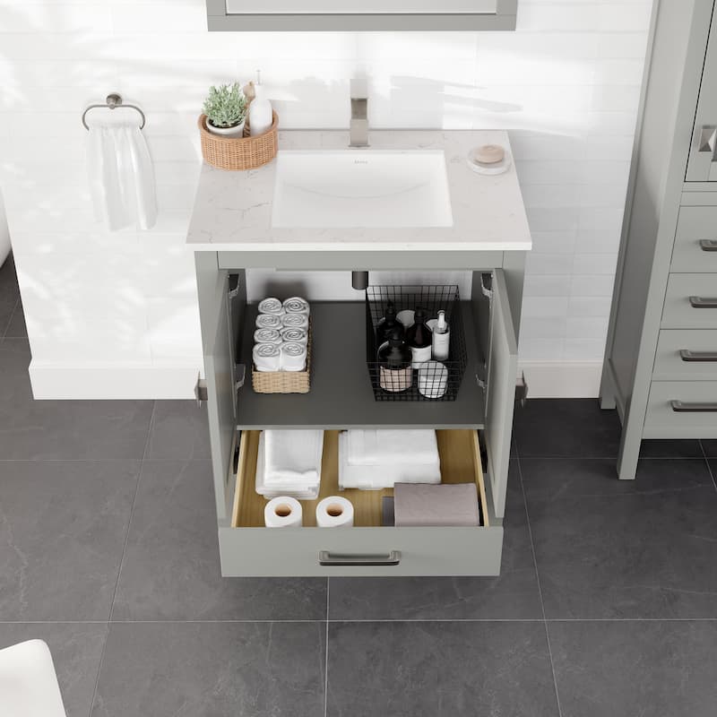 Eviva London 30"W Bath Vanity with Carrara Quartz Top & Porcelain Sink