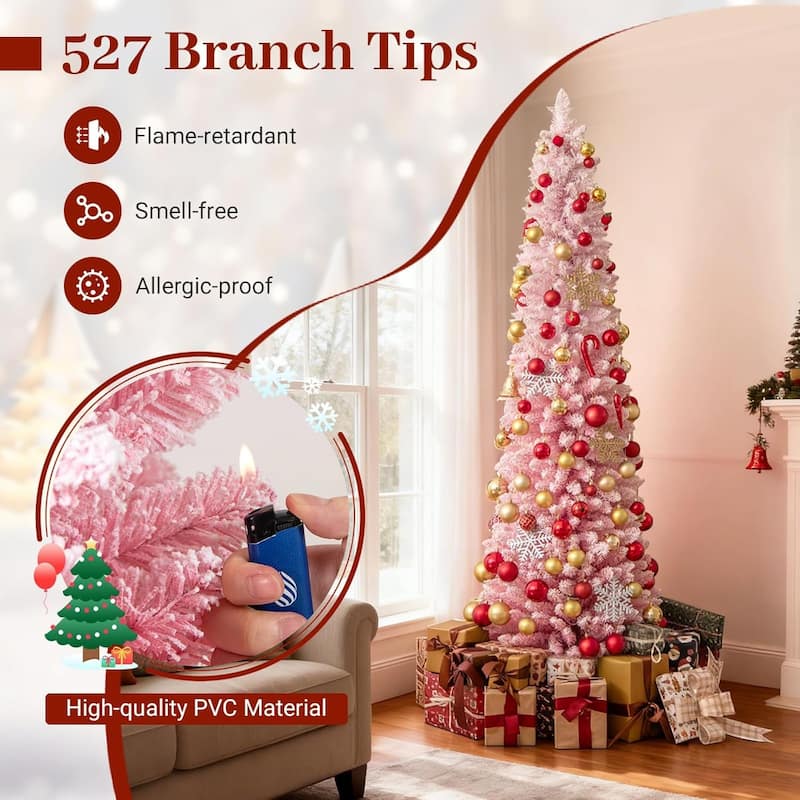 6/7FT Pre-lit Snow-Flocked Pencil Christmas Tree Pink Hinged Xmas Tree