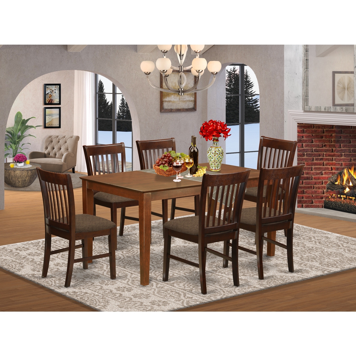 HomeStock 7-Piece Rectangle Mahogany Finish Solid Wood Top Dining Table with 6 Chairs