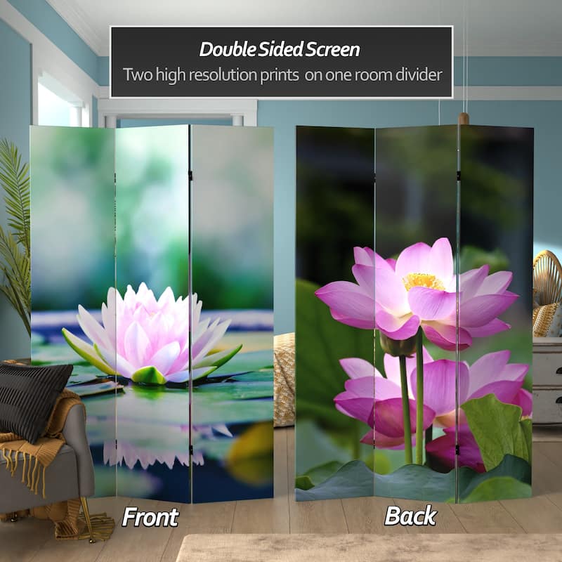 Handmade 6' Double Sided Lotus Blossom Canvas Room Divider