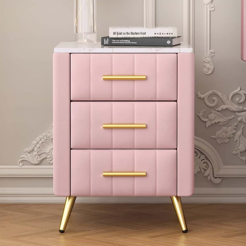 Modern Nightstand with 3 Drawers and Metal Legs&Handles,with Marbling Stickers Worktop