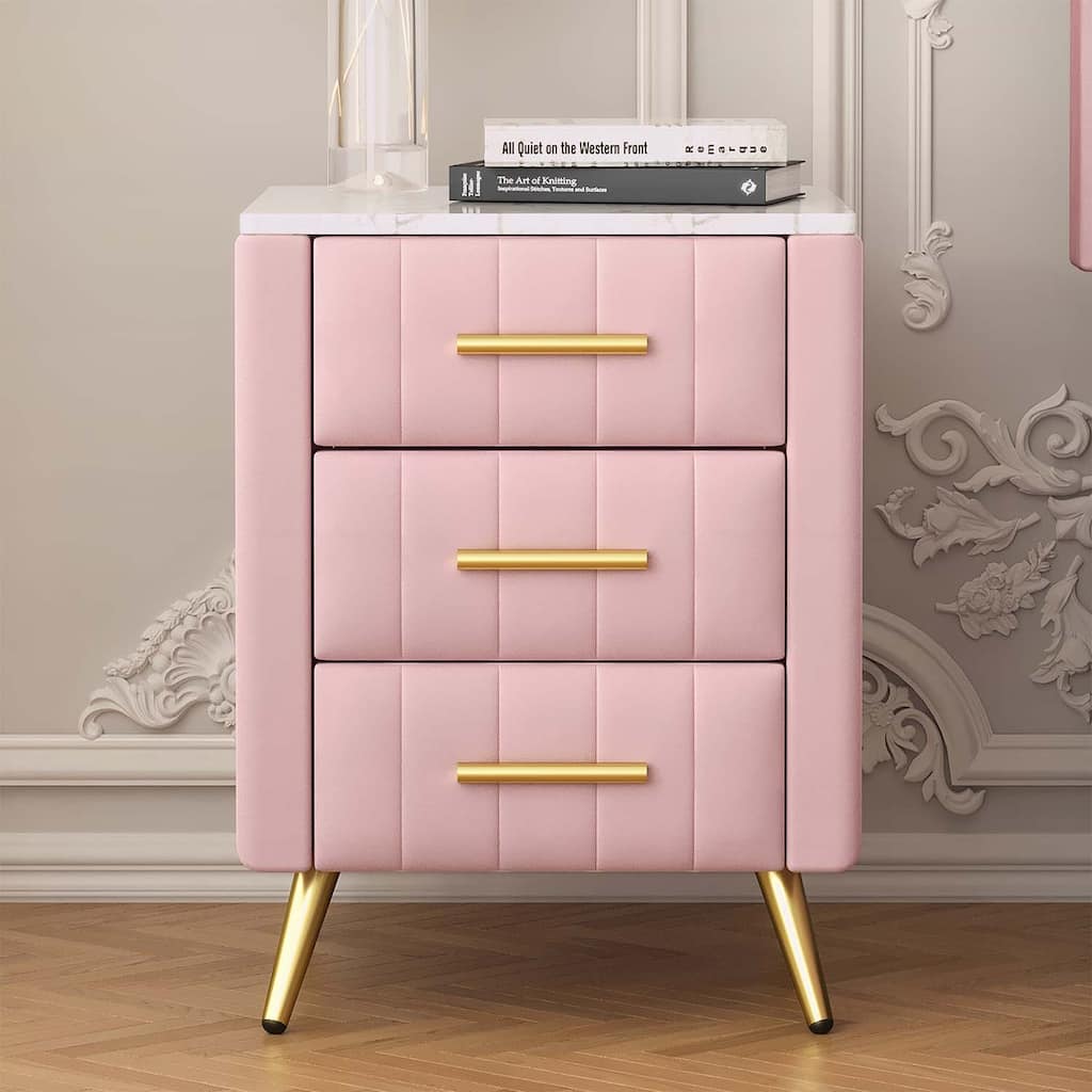 Stylish Design Upholstered Nightstand with 3 Drawers and Metal Legs & Handles