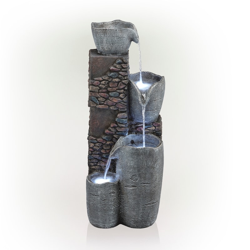 Alpine Corporation HIM562 42" Gray Outdoor Floor 4‑Tier Stone Bowl Fountain with LED Lights