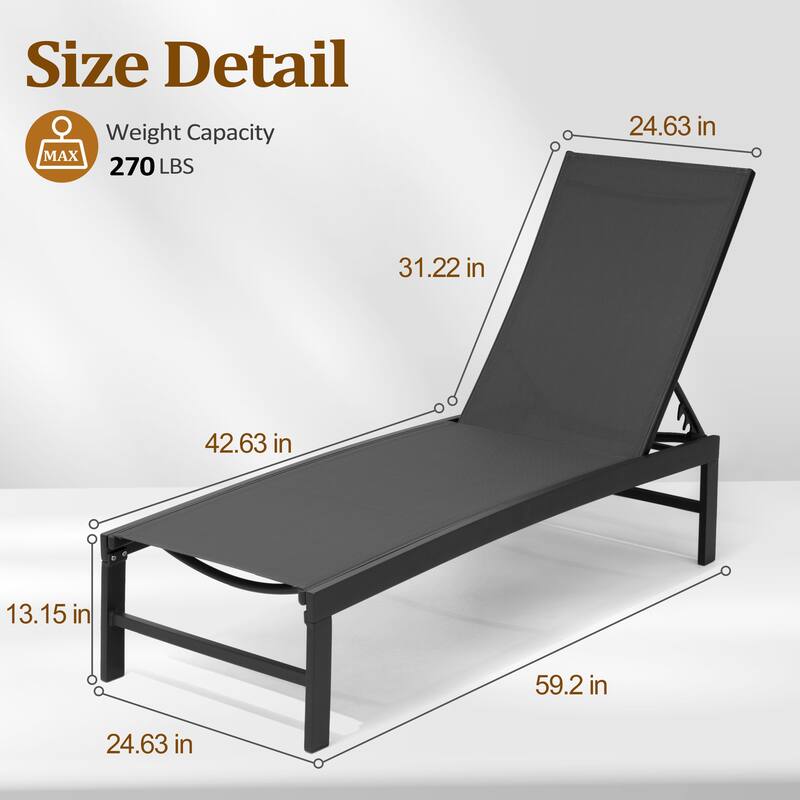 VredHom Outdoor Aluminum Adjustable Chaise Lounge Chairs (Set of 2) - 60.4 in L * 24.6 in W * 16.1/40.8 in H