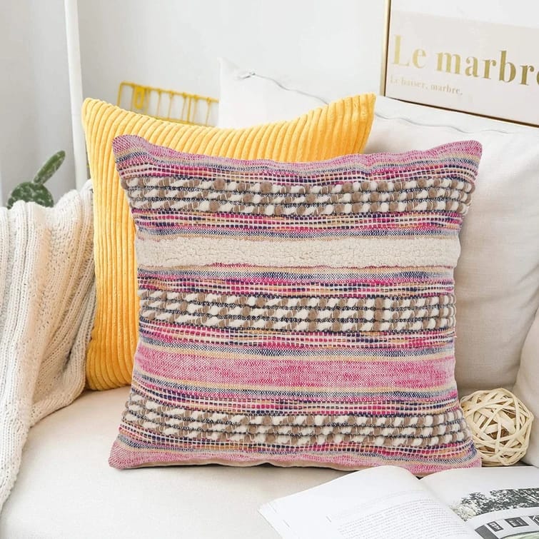 Sevita Pink Striped Cotton Blend Square Throw Pillow, Set of 2