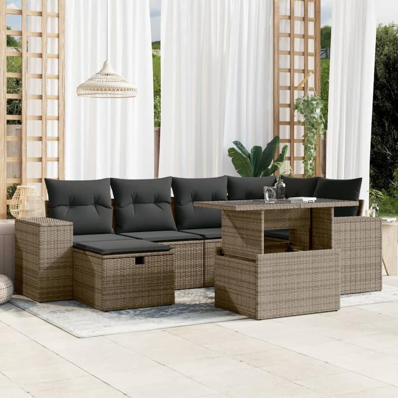 vidaXL Patio Sofa Set with Cushions Outdoor Furniture 7 Piece Poly Rattan - Grey - 21.7 x 39.4 x 27.2 in