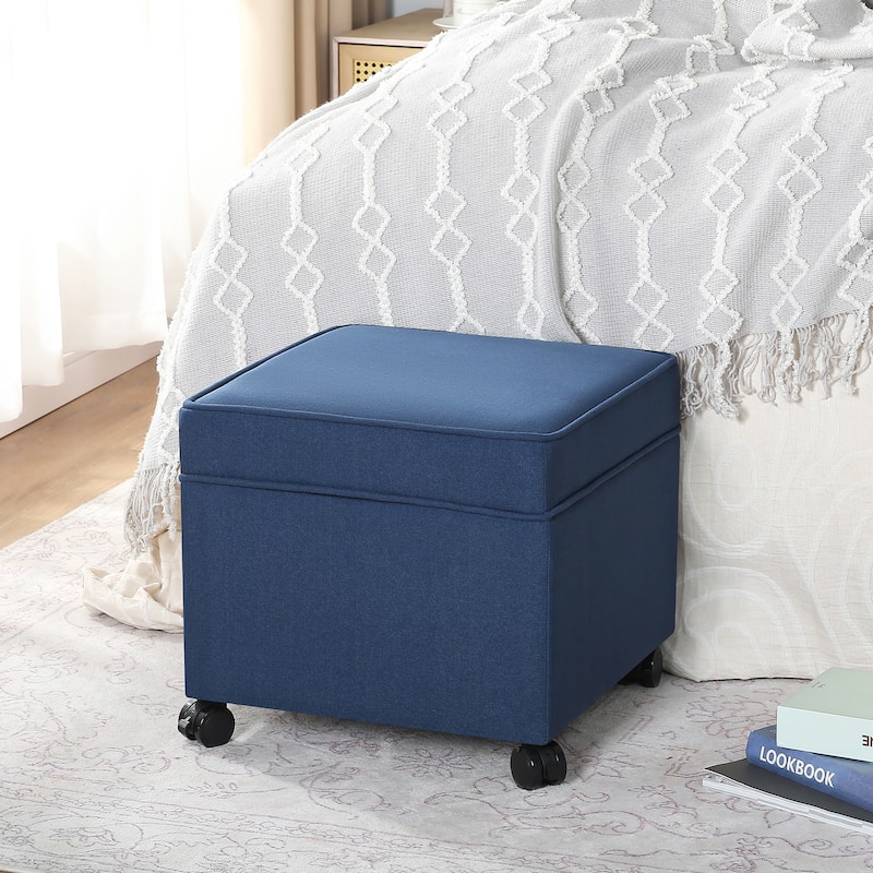 Adeco Square Storage Ottoman 17 inch Footstool - Dark-Blue-Linen