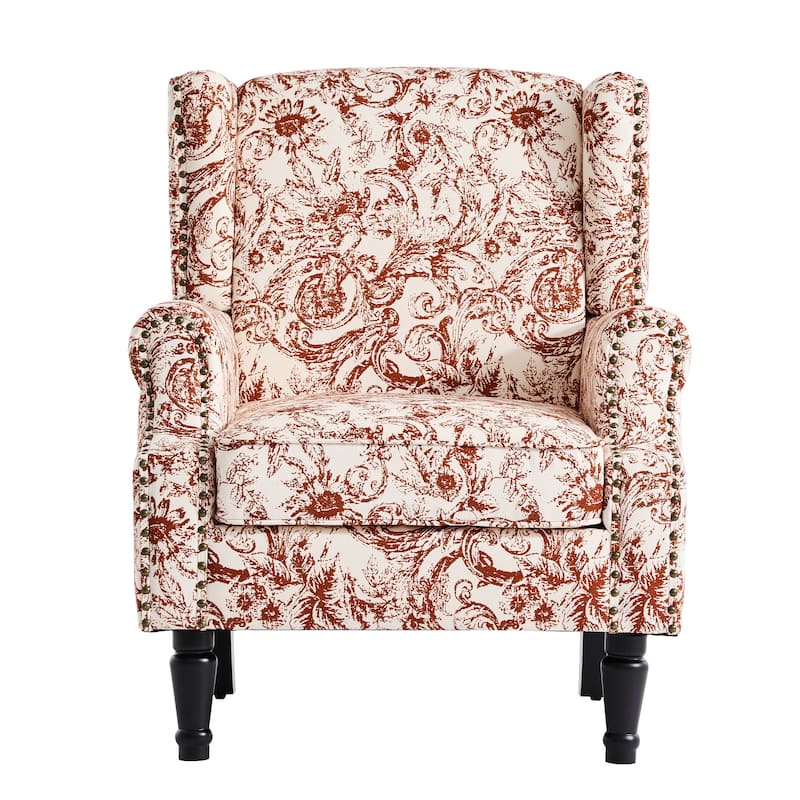 Traditional Floral Patterned Wingback Armchair with Nailhead Trim