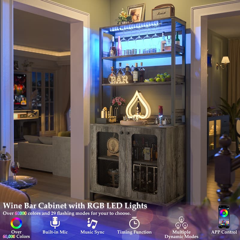 66.9'' Tall Modern Wine Cabinet Bar Cabinet with Wine Glasses Rack and LED Strip and Power Outlets