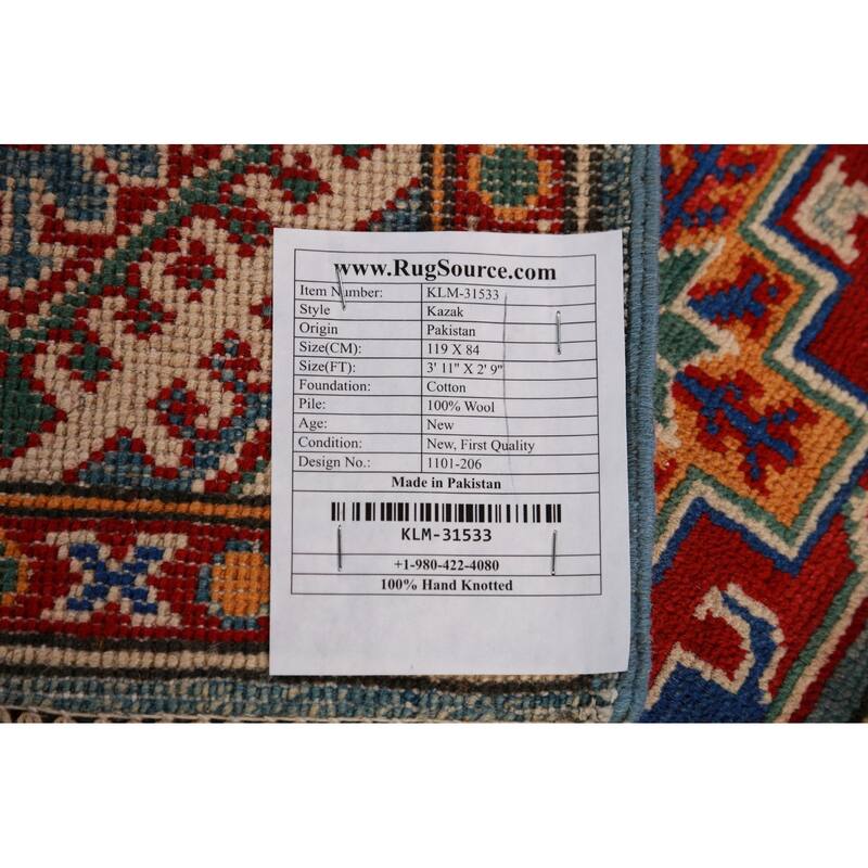 Geometric Kazak Foyer Rug Blue Traditional Handmade Wool Carpet - 2'9"x 3'11"