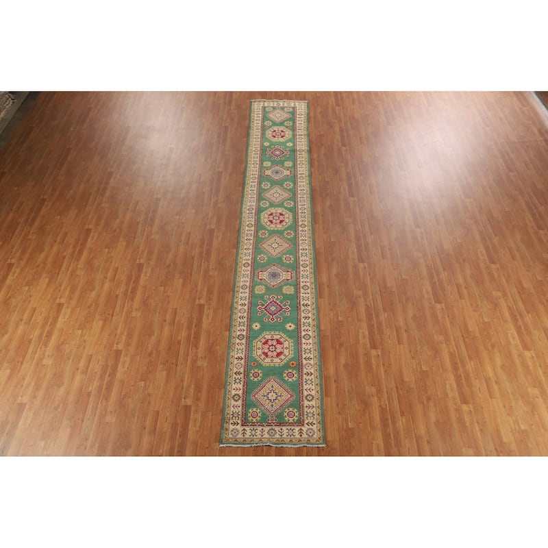 Green Kazak Runner Rug Hand-Knotted Geometric Wool Carpet - 2'7" x 16'2"