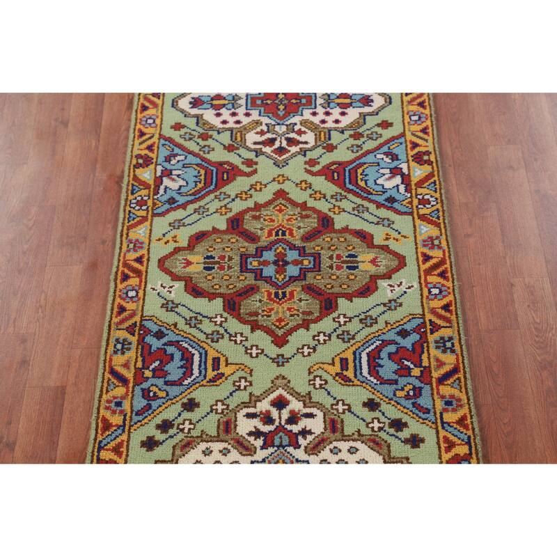 Light Green Kazak Indian Runner Rug Hand-Knotted Wool Carpet - 2'7" x 9'8"