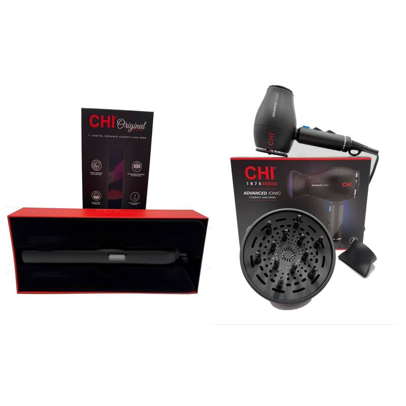 CHI Original Digital Hairstyling Iron 1" and 1875 Series Ionic Compact Hair Dryer Set - Black