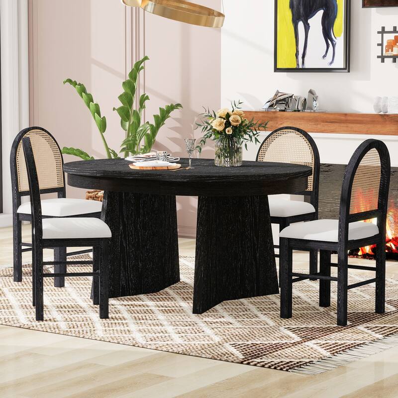 5-Piece Retro Rattan-Back Extendable Round Dining Set with Upholstered Linen Seats by Harper&Bright Designs - Espresso