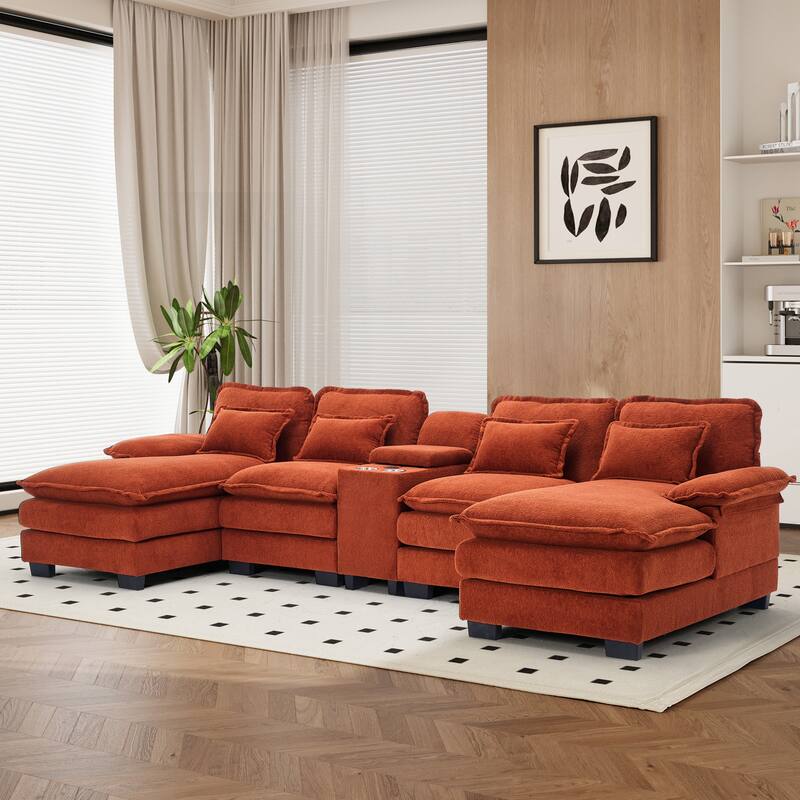 U-shaped Sectional Sofa Chenille Fabric Doudle Layer Cushion with USB Central Console - Orange