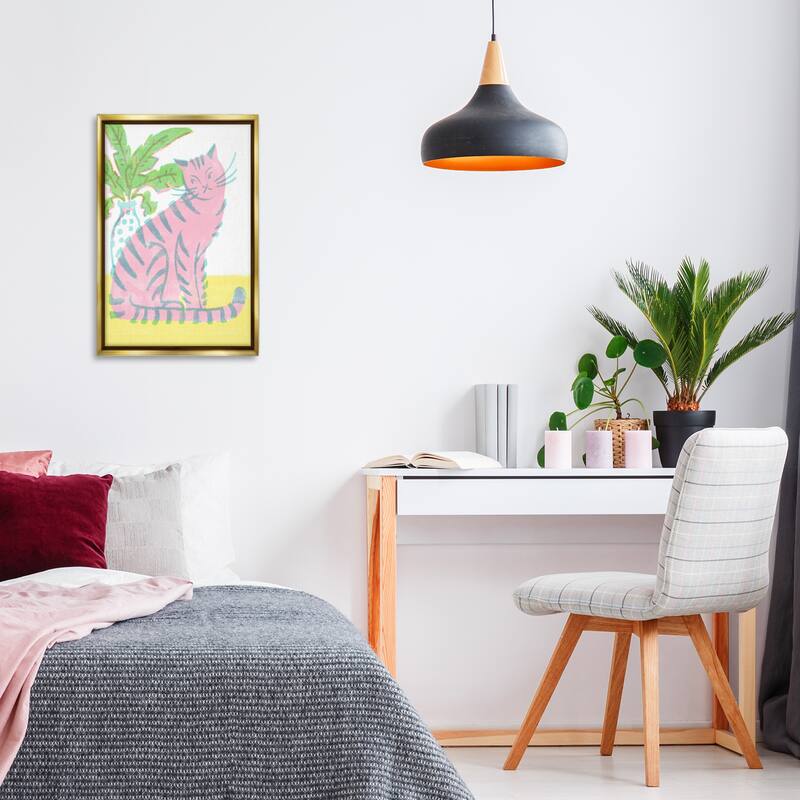 Stupell Modern Pink Cat & Plant Framed Floater Canvas Wall Art Design By Hannah Moren