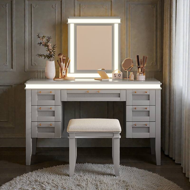 48" Makeup Vanity Desk with Mirror and Lights, 7-Drawer Dressing Table with Cushioned Stool, Classic Finish - Grayish Blue