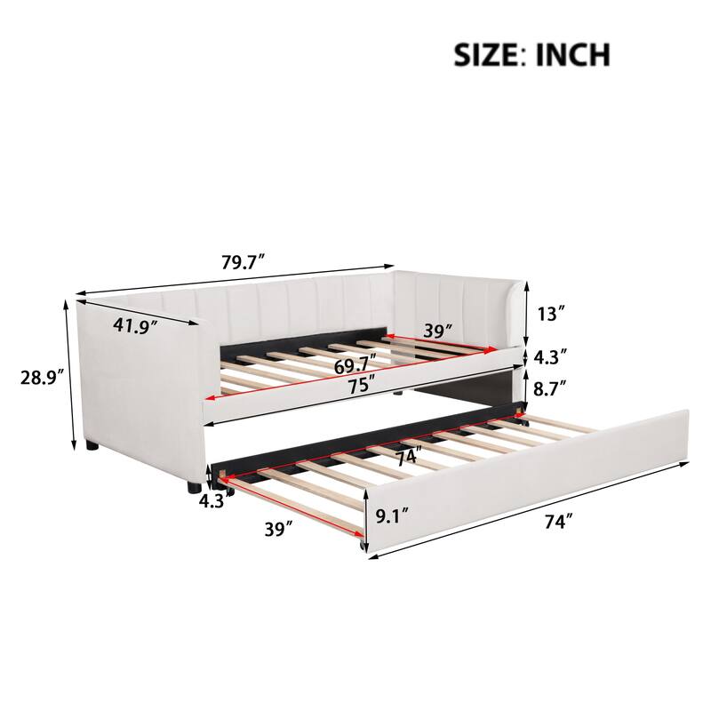 Twin Upholstered Daybed with Ergonomic Backrest and Roll-Out Trundle, Ideal for Small Apartments and Guest Rooms