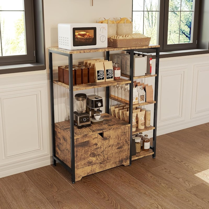 Bakers Rack with Storage Cabinet, 5 - Tier Coffee Bar with Shelves