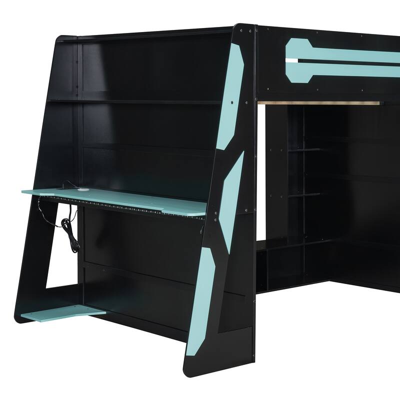 Full Size Esports Gaming Loft Bed Wood Frame Loft Bed with All-in-one Work Play Desk, Bookcase and RGB Ambient Light
