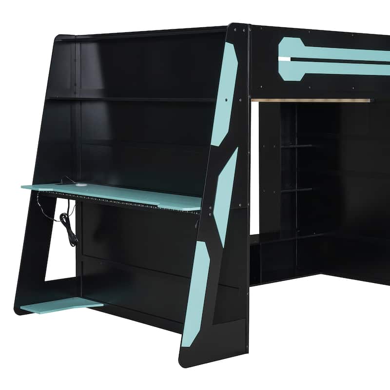 Full Size Wood Loft Bed with Desk, Multi-storage Shelves and RGB Light, Red