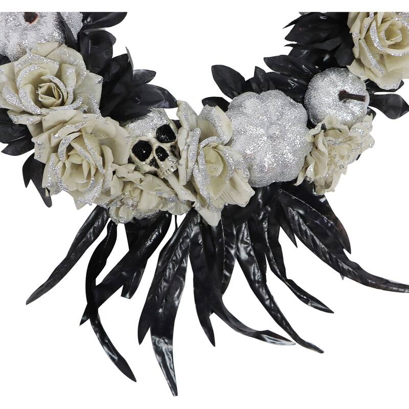Haunted Hill Farm 15-In. Halloween Floral Wreath with Glitter Pumpkins and Skulls for Haunted House Hanging Decoration