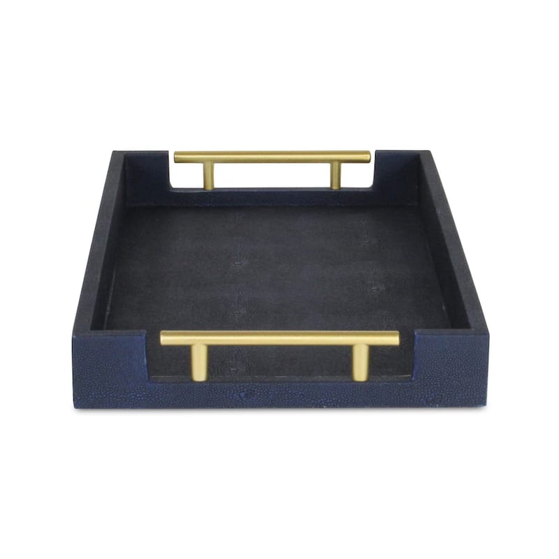 HomeRoots 16" Navy Blue Wood Faux Shagreen Serving Tray With Handles