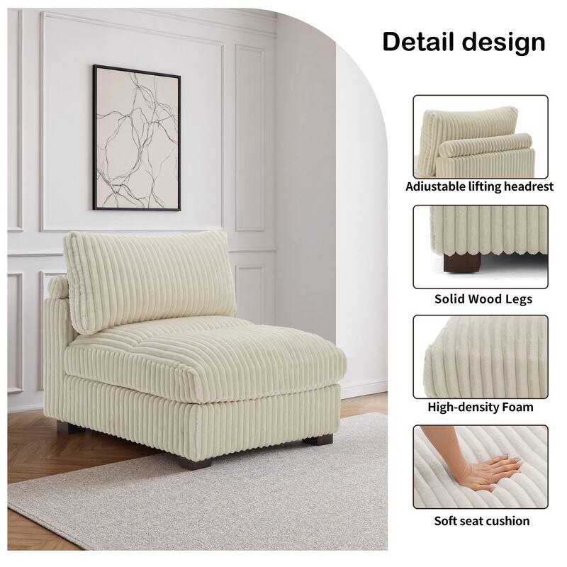 33" W Plush Corduroy Armless Chair Sectional Module with Pillows