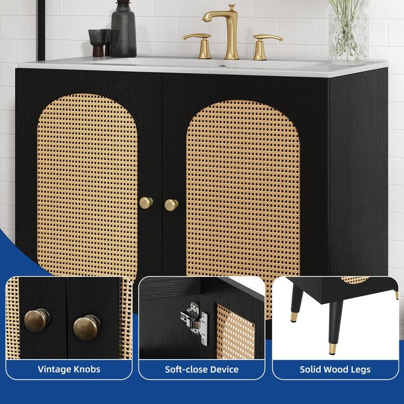 Moasis 24" Bathroom Vanity with Ceramic Sink, Rattan Double Door Cabinet and Drawer, Freestanding Solid Wood Legs