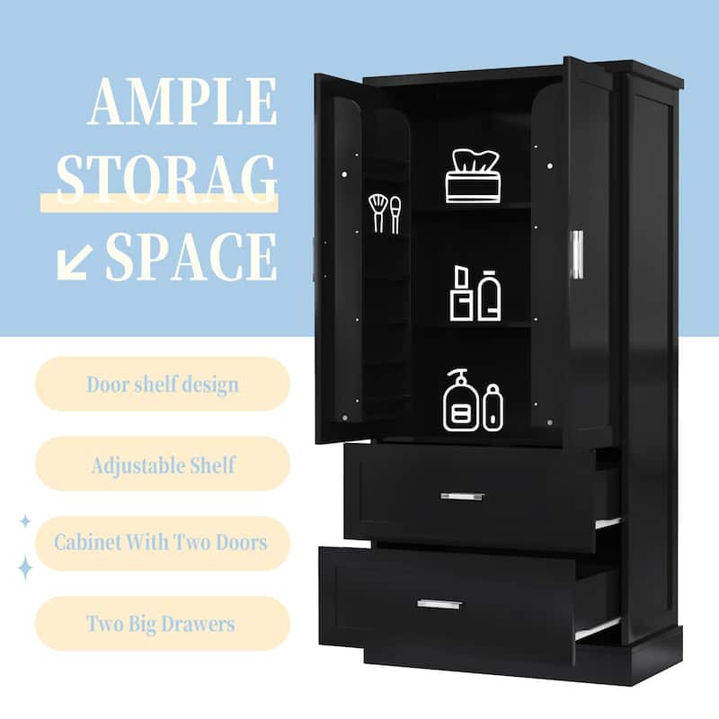 Tall Bathroom Storage Cabinet with Adjustable Shelves and Door Racks, Waterproof Freestanding Cabinet with Drawers