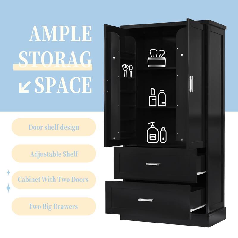 Tall Bathroom Storage Cabinet with Two Doors and Drawers, Adjustable Shelf, MDF Board