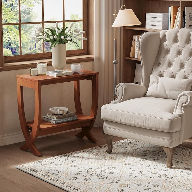 2-Tier Solid Wood End Couch Side Table with Arched Legs for Living Room - 23.6"W × 11.8"D × 23.6"H
