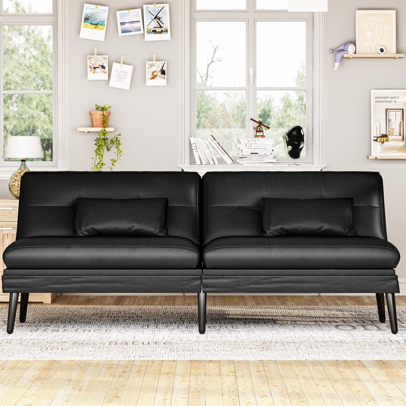 Grondin Convertible Futon Sofa Bed, 5-Angle Adjustable Backrest Sleeper Couch with 2 Pillows, Modern Style Recliner Lounge - Black PU Leather
