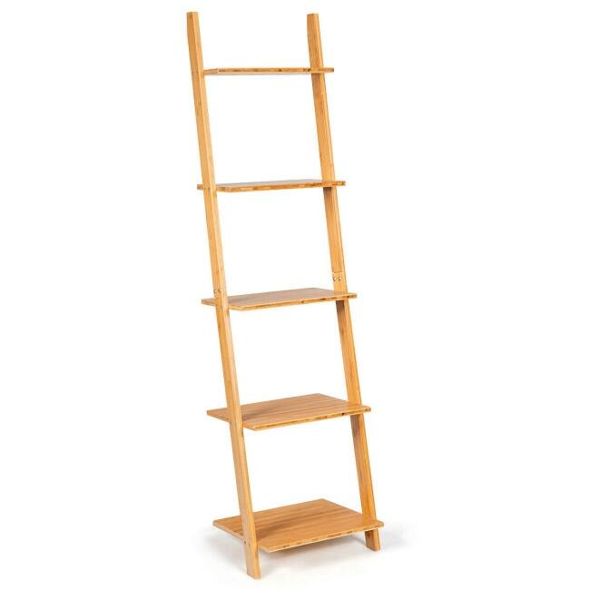 5-Tier Ladder Shelf Modern Bamboo Leaning Bookshelf Ladder Bookcase - 17" x 14" x 65" (L x W x H)