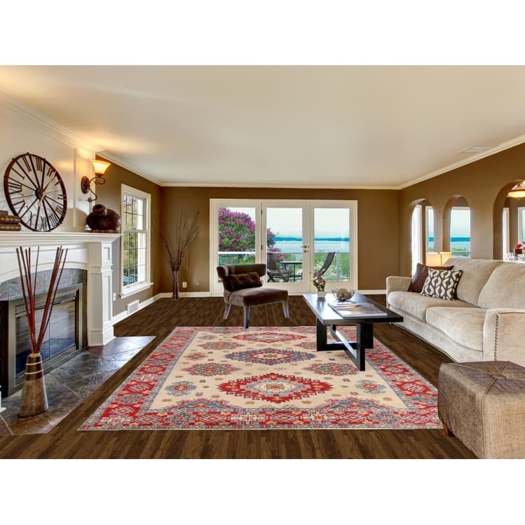 Hand Knotted Oriental 100% Wool Carpet Traditional Geometric Beige & Ivories Kazak Area Rug - 11' 0'' X 7' 9''