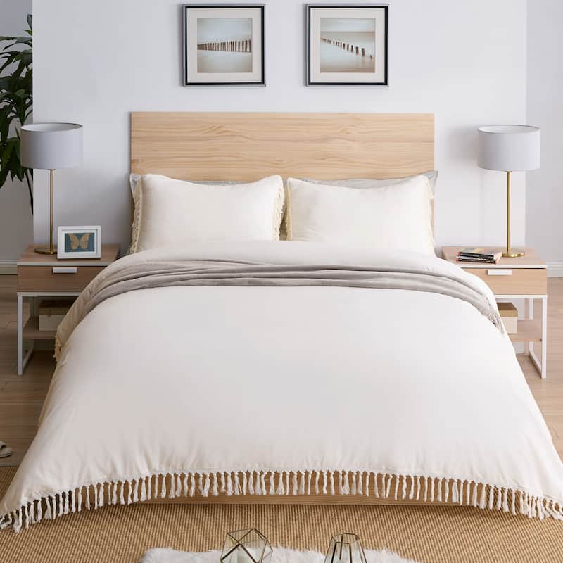 Sweet Jojo Designs Ivory Bohemian Boho Chic Queen Duvet Cover Bedding Set Farmhouse Minimalist Knotted Macrame Tassel Fringe